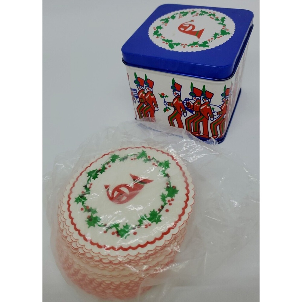 Vintage 1985‎ Tin Paper Coasters Marching Band French Horn Music Holly Christmas